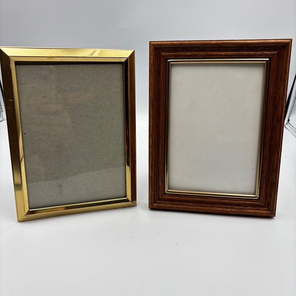 Vintage 5x7 Gold Brass Metal and Wood Brass Picture Frame Set Tabletop WallDecor